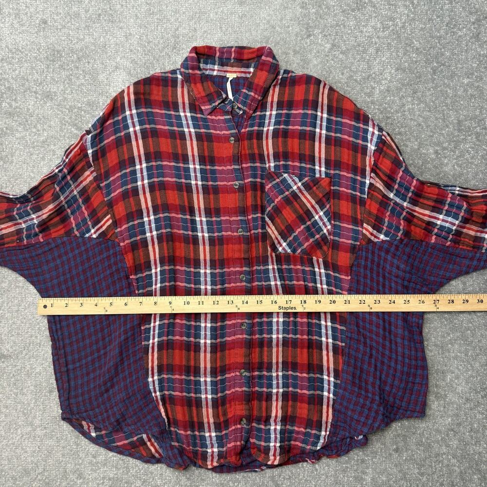 Free People Shirt Womens XS Red Blue Oversized Dolman Long Sleeve Patchwork - Picture 6 of 8